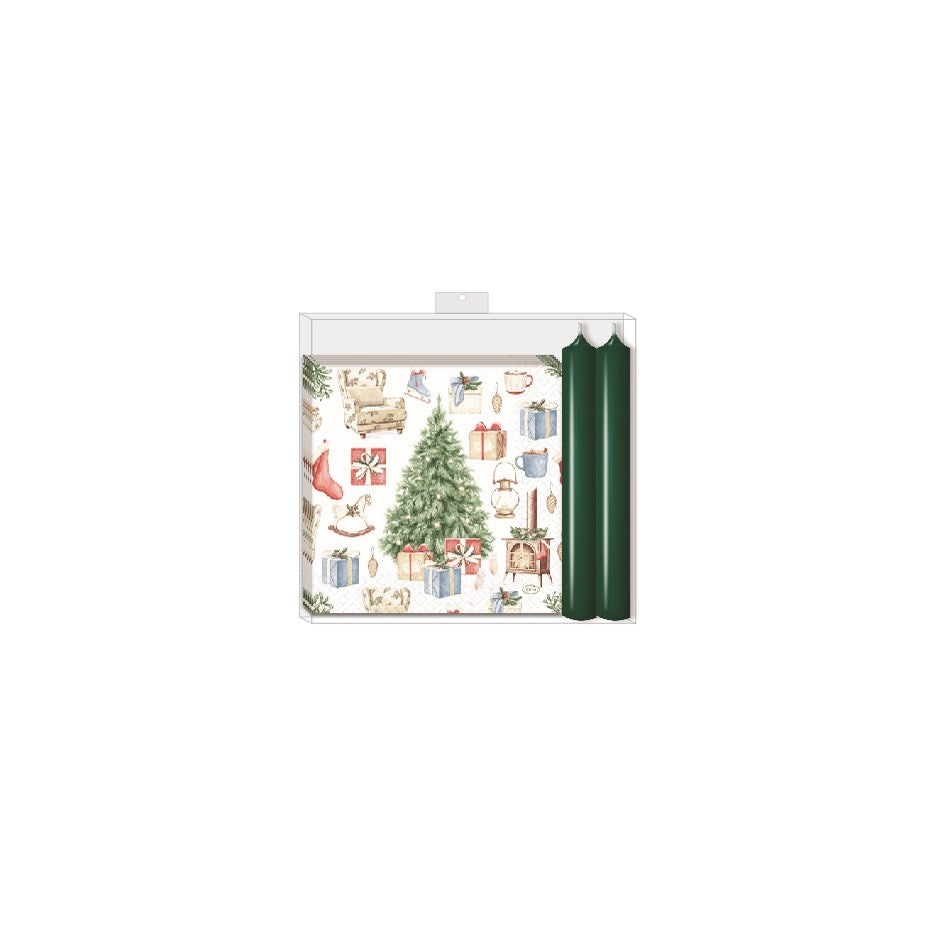 Tree and Gifts Napkin & Candle Gift Set