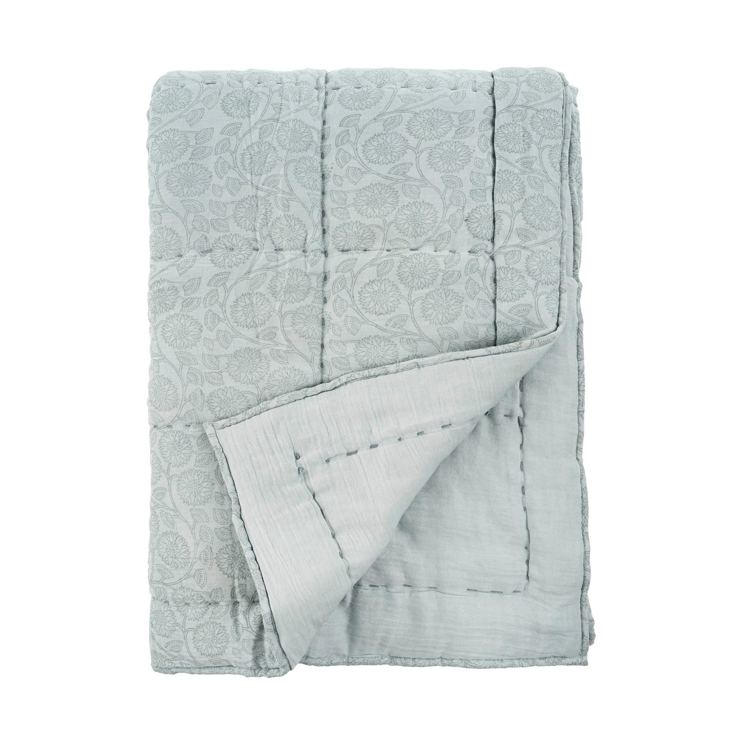 Double Gauze Block Print Bed Quilt, Blue