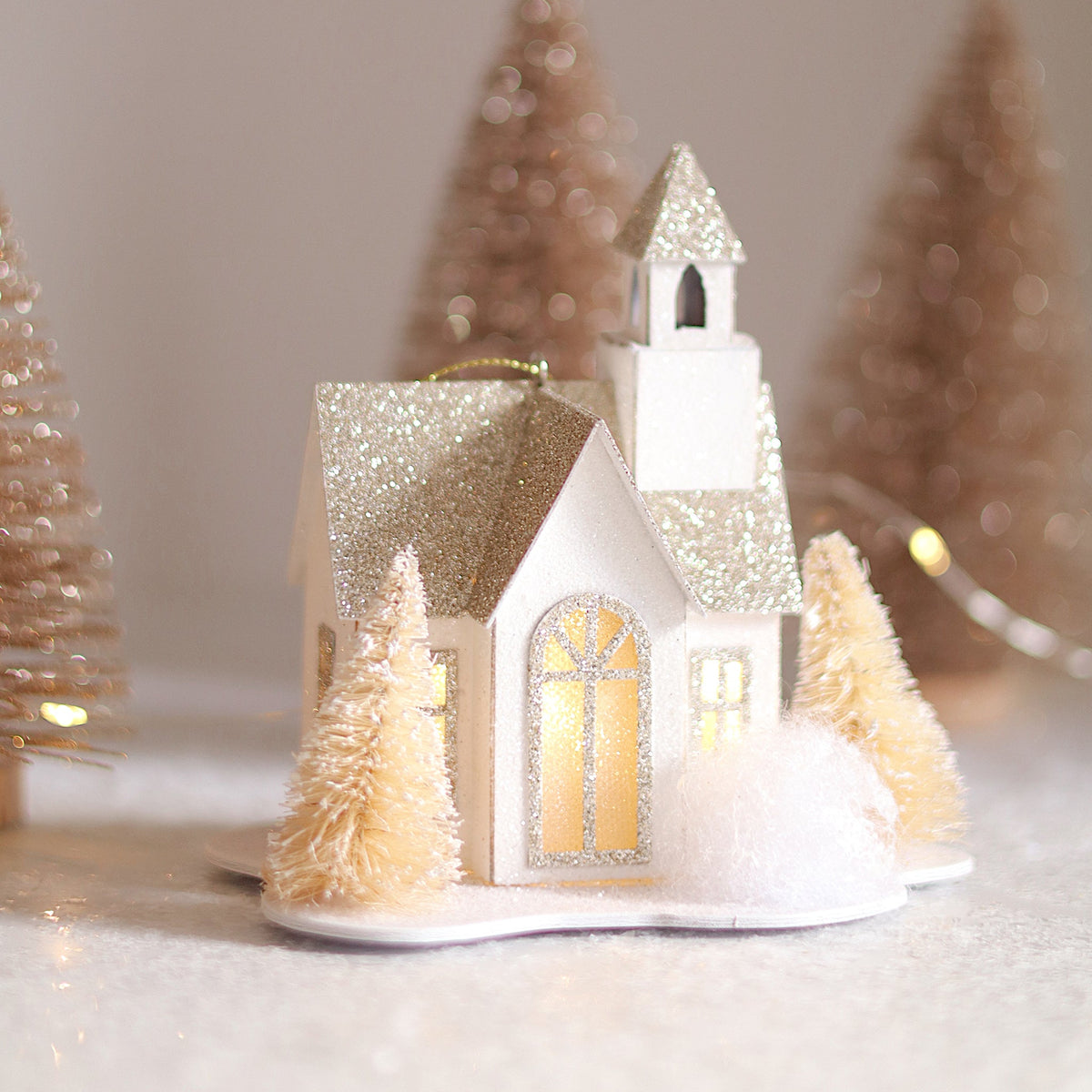 Glitter LED House Holiday Ornament, Chapel