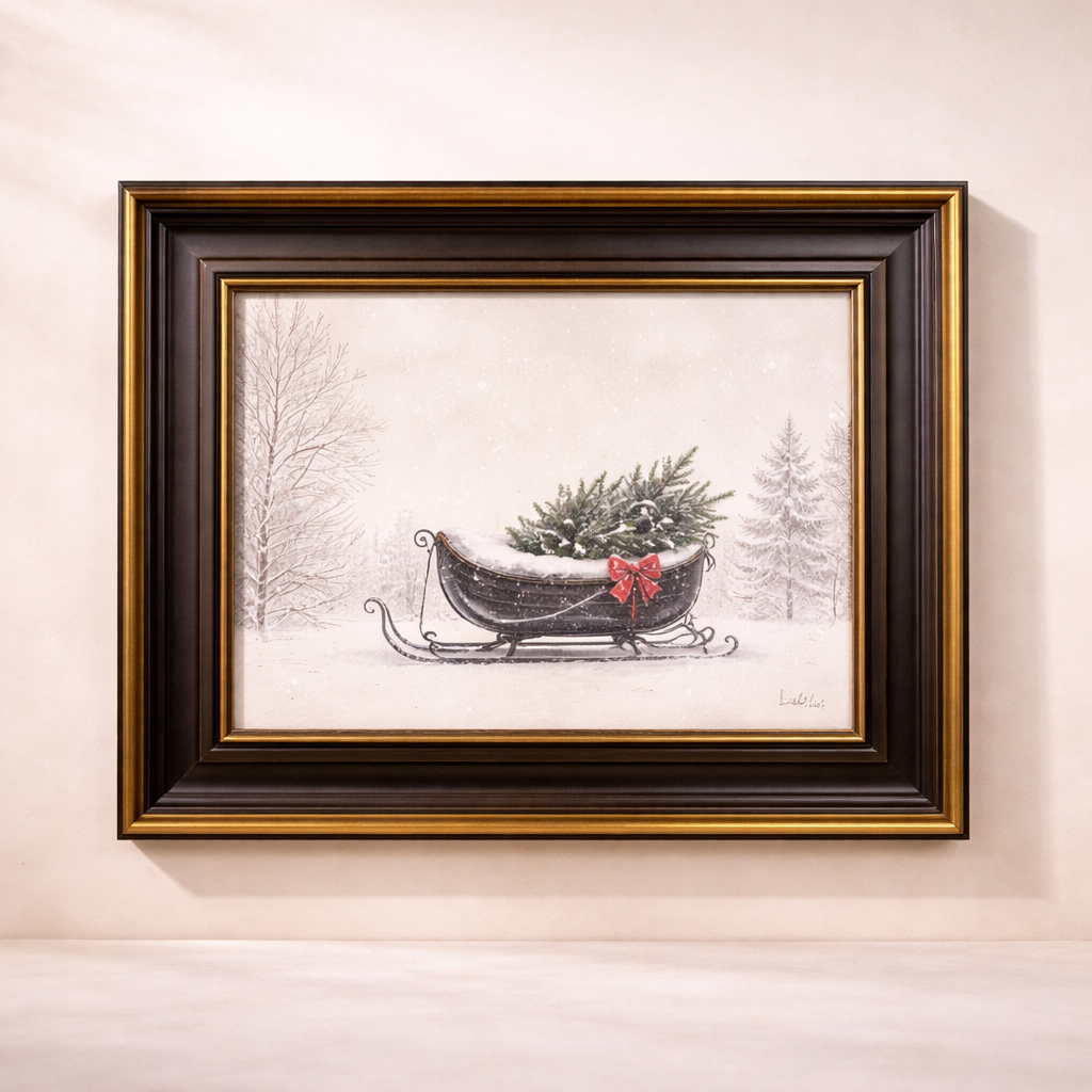 Festive Sleigh | Brass Trim Black Framed Art