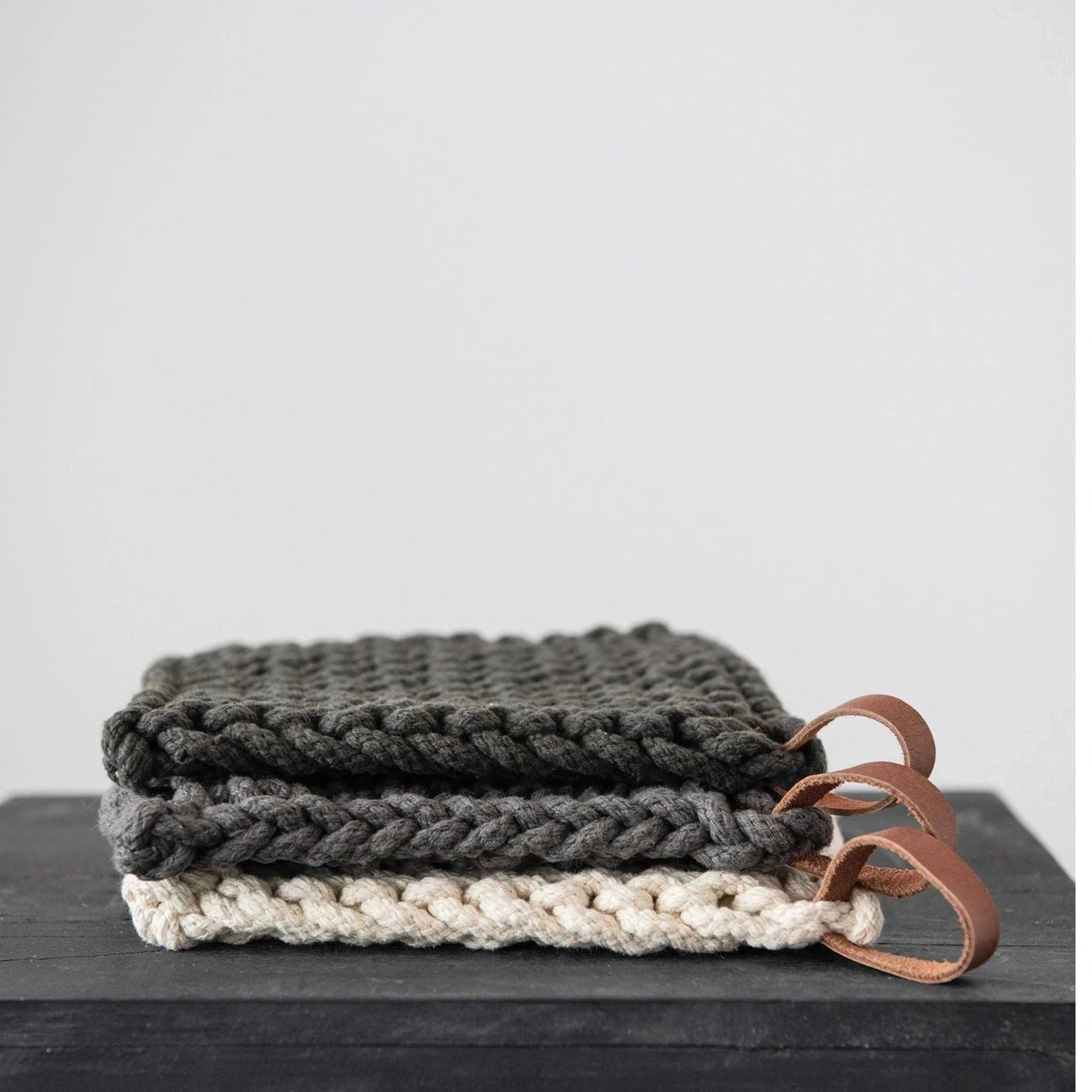 Cotton Crocheted Pot Holder Leather Loop