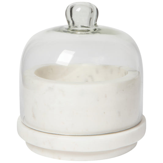White ceramic container with a clear glass dome on a white background