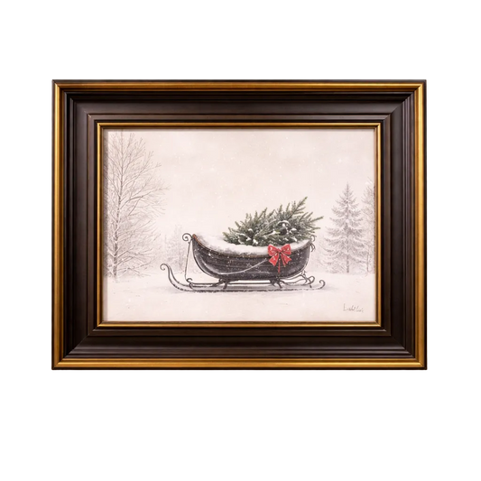 Festive Sleigh | Brass Trim Black Framed Art