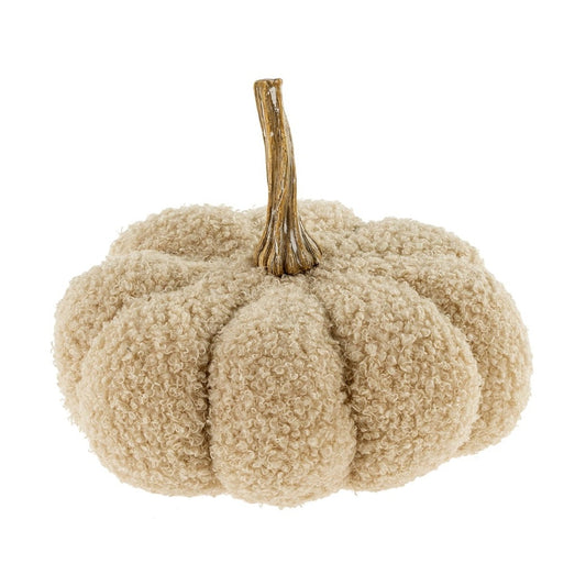 Beige textured pumpkin with a stem on a white background