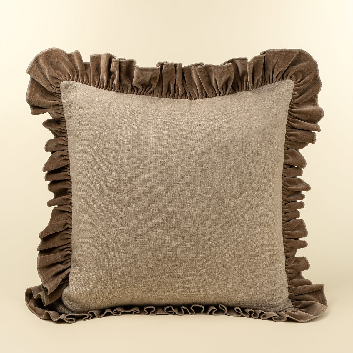 24x24 Velvet Ruffle Linen Pillow, Chocolate