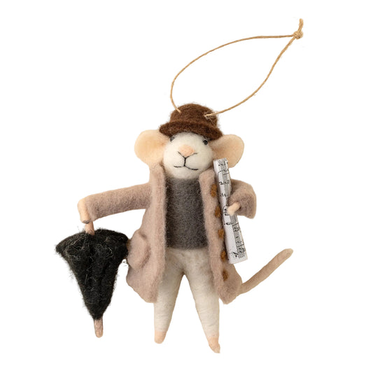 Felted mouse ornament with a hat, coat, and umbrella on a beige background