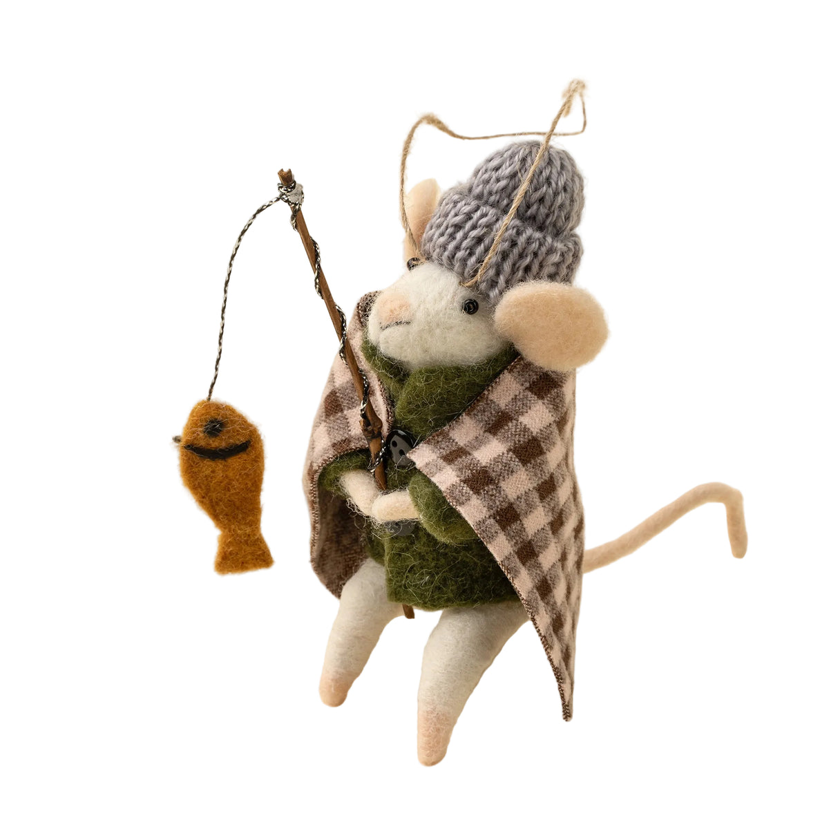 Stuffed mouse toy with fishing rod and fish on a beige background