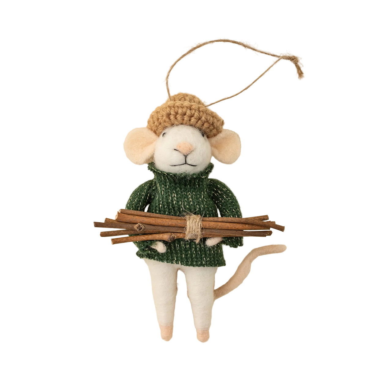 Decorative mouse ornament wearing a green sweater and brown hat, holding knitting needles, on a beige background.