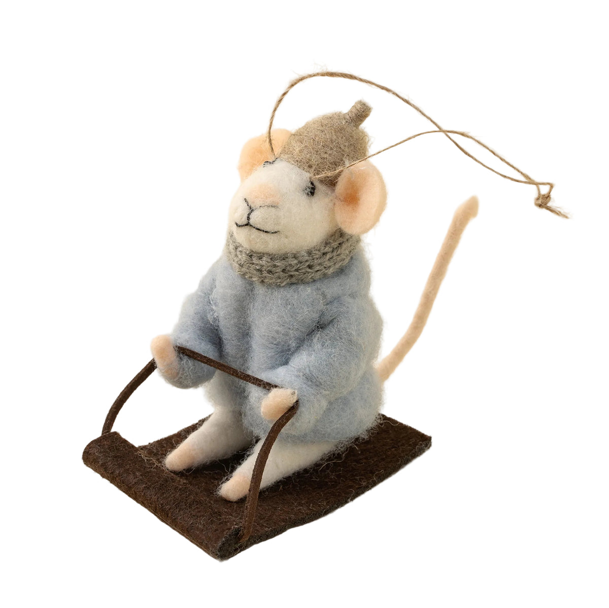 Felted mouse ornament with a hat and scarf on a beige background
