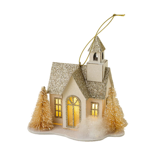 Glitter LED House Holiday Ornament, Chapel
