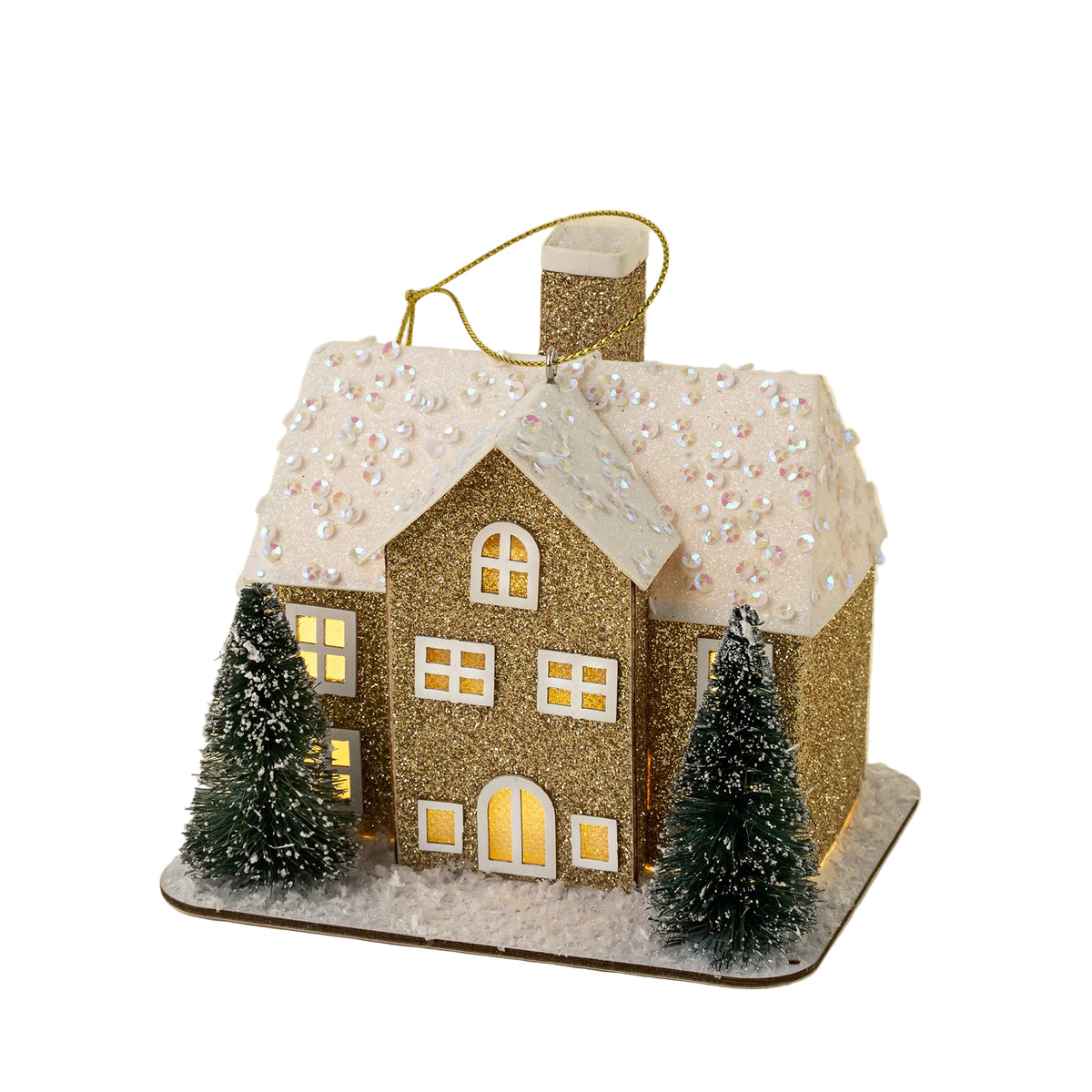 Glitter LED House Holiday Ornament, Gold Estate
