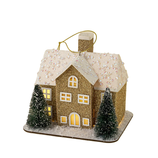 Glitter LED House Holiday Ornament, Gold Estate