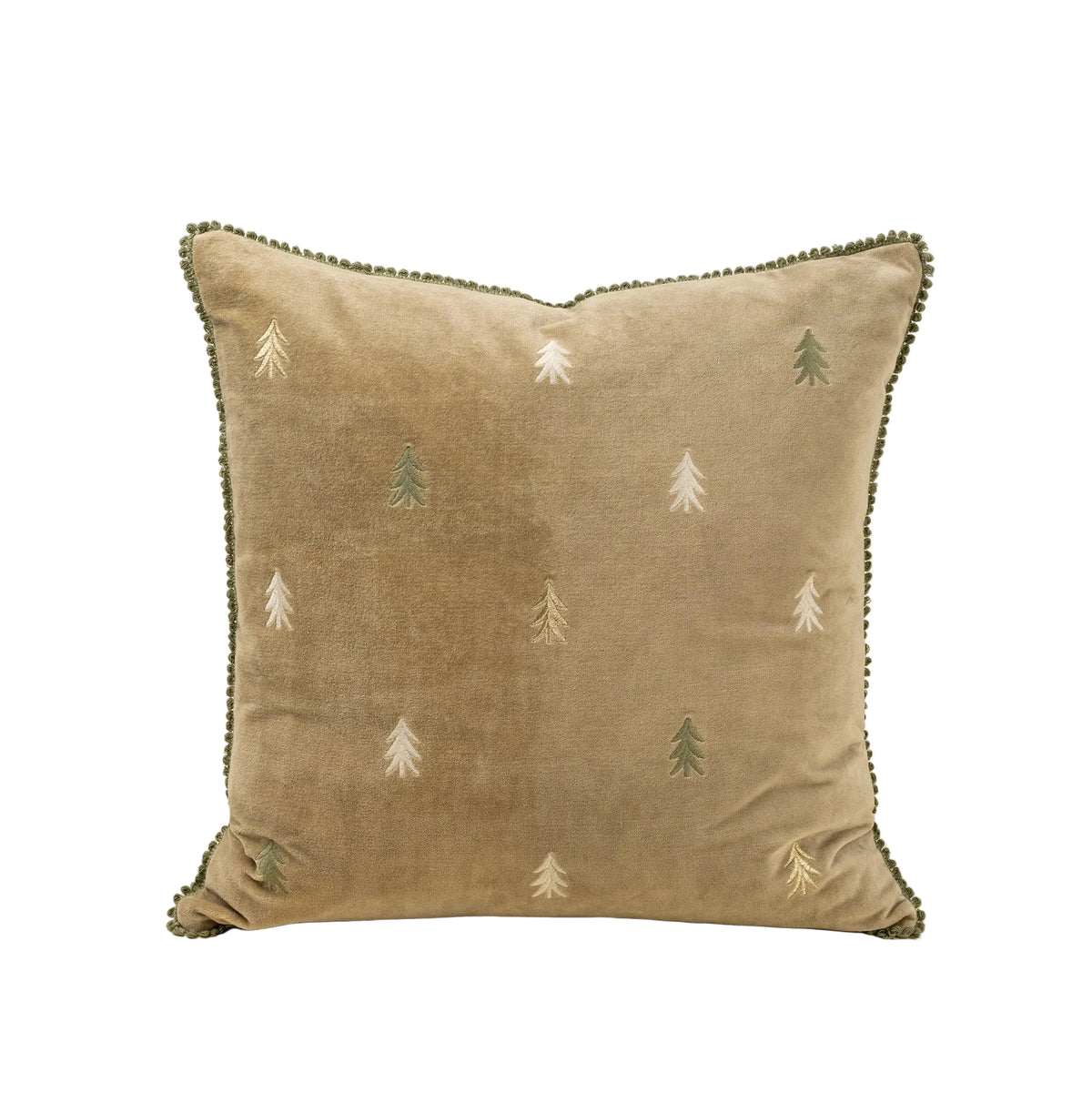 Beige pillow with embroidered tree patterns on a beige background