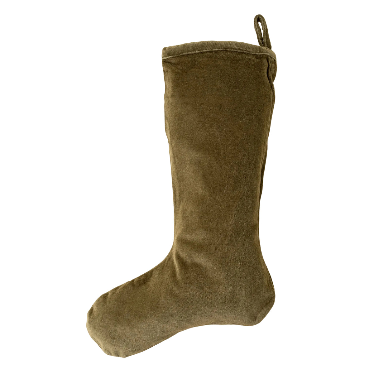 An olive green velvet Christmas stocking with a hanging loop, shown against a plain cream background.