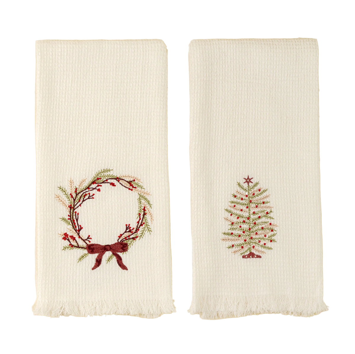 Embroidered Tree/Wreath Waffle Hand Towels S/2
