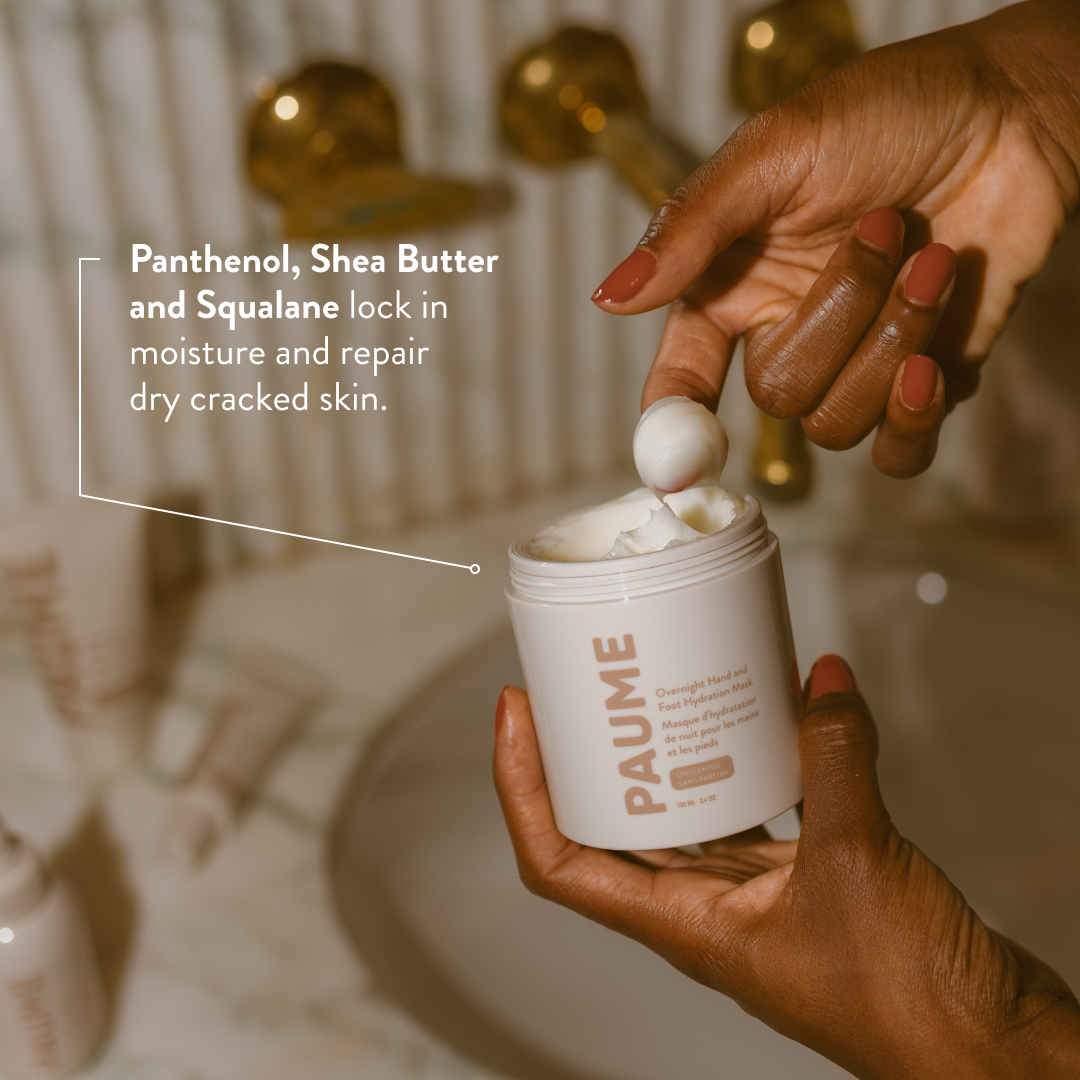 Person using a PAUME skincare product with text about ingredients.