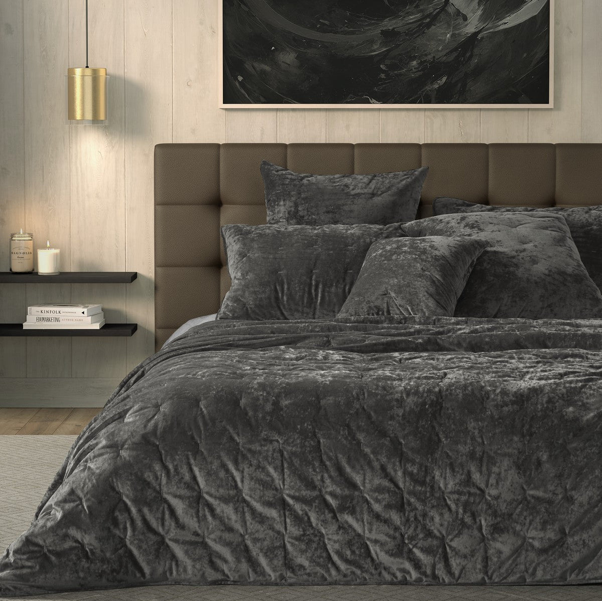 Lounge Solid Grey Charcoal Velvet Quilt
