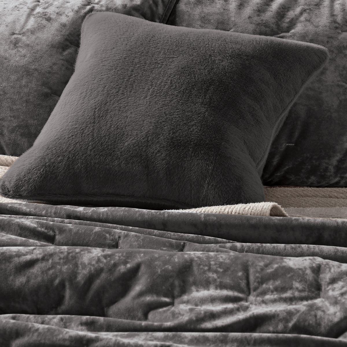 Lounge Solid Grey Charcoal Velvet Quilt