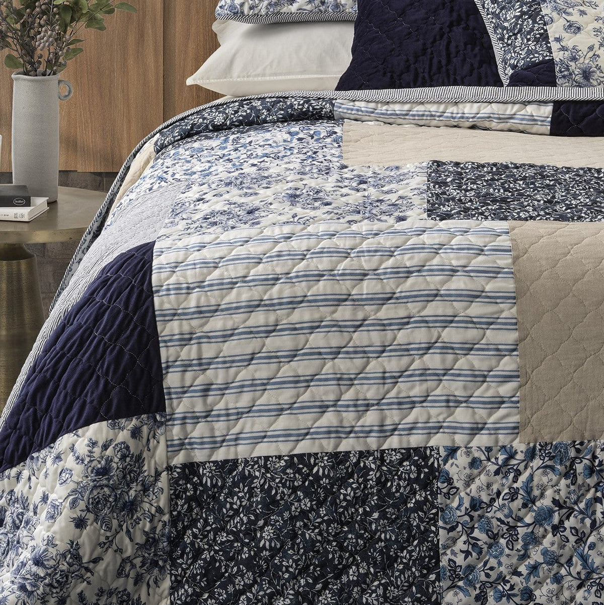 Marine Navy & White Patchwork Quilt