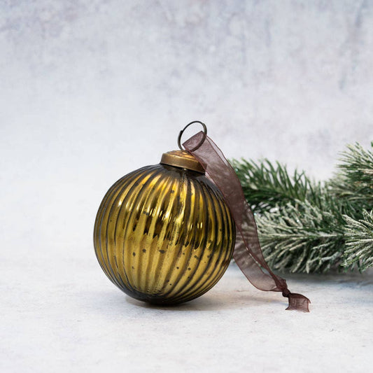 3" Olive Glass Ribbed Ball Decoration