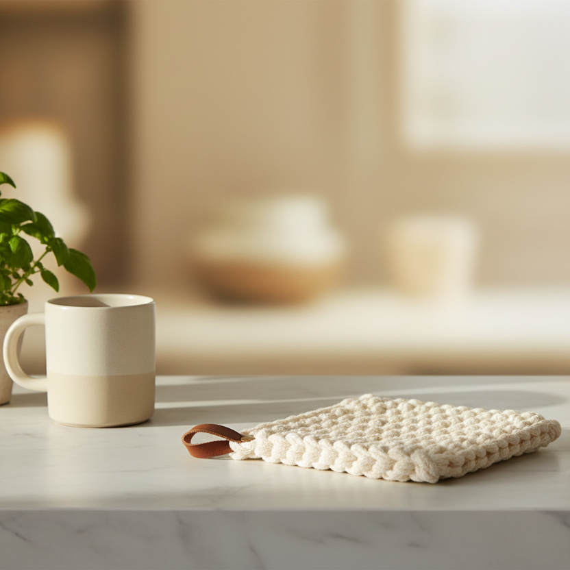 Cotton Crocheted Pot Holder Leather Loop
