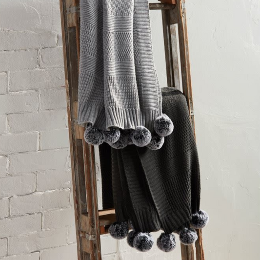 Knit Blanket with Fur Pom Pom (Multiple Options)