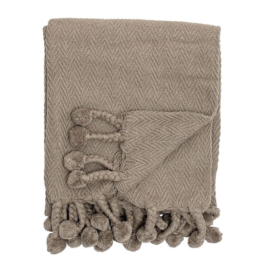 Taupe Woven Throw with Pom Poms